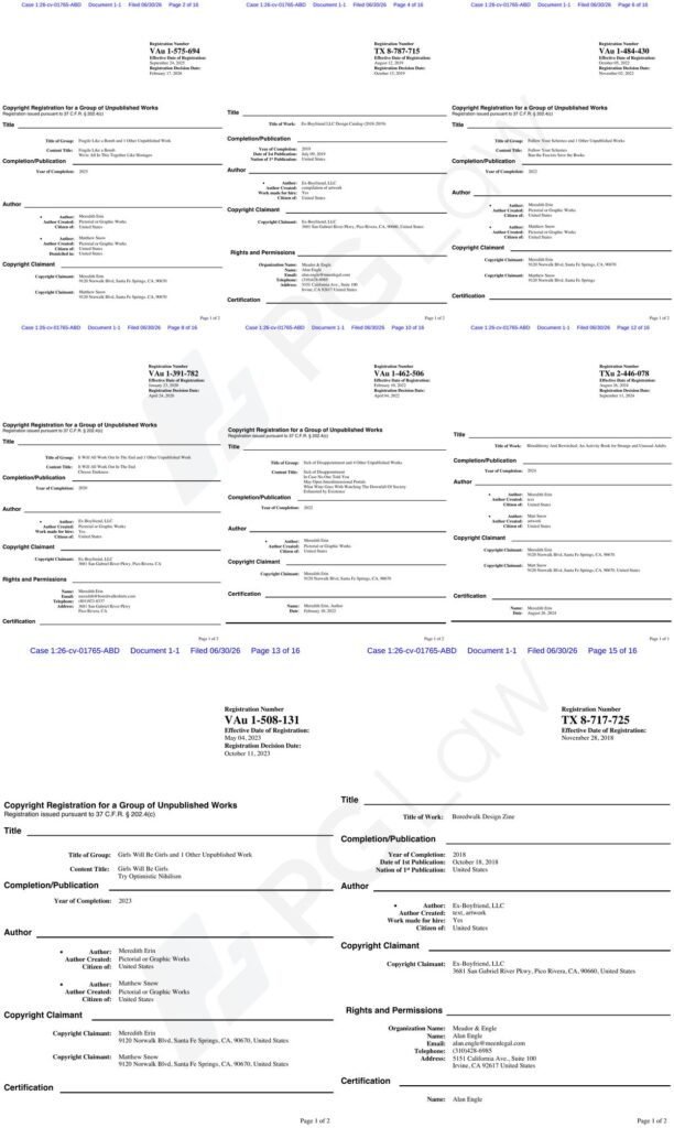 Ex-Boyfriend LLC Boredwalk copyright registration certificates