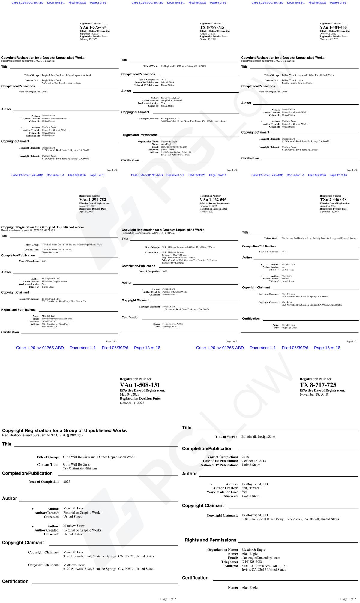 Ex-Boyfriend LLC Works copyright registrations